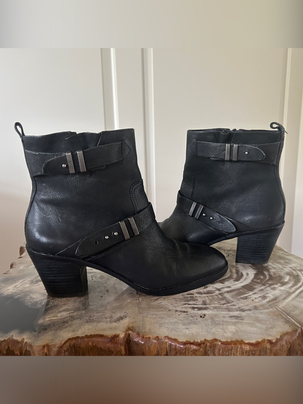 Saks Fifth Avenue “ GRAY” black Leather Block Heel Ankle Boots - Women's Fashion